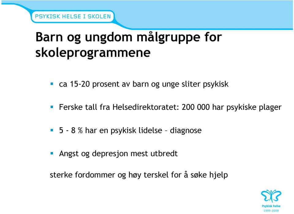 000 har psykiske plager 5-8 % har en psykisk lidelse diagnose Angst