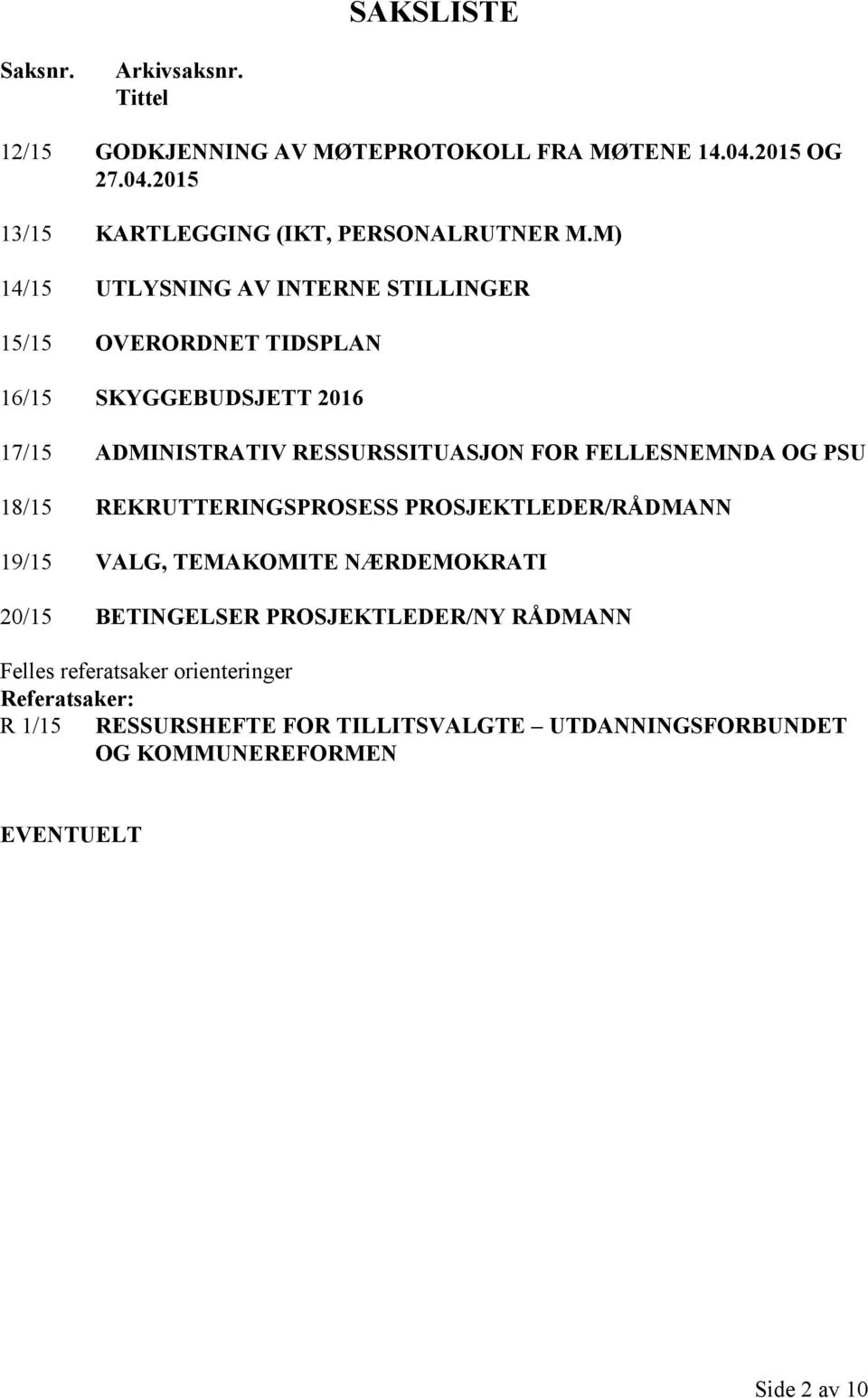 FELLESNEMNDA OG PSU 18/15 REKRUTTERINGSPROSESS PROSJEKTLEDER/RÅDMANN 19/15 VALG, TEMAKOMITE NÆRDEMOKRATI 20/15 BETINGELSER PROSJEKTLEDER/NY