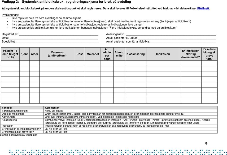 Presiseringer: - ikke registrer data fra flere avdelinger på samme skjema - hvis en pasient får flere systemiske antibiotika (for en eller flere indikasjoner), skal hvert medikament registreres for