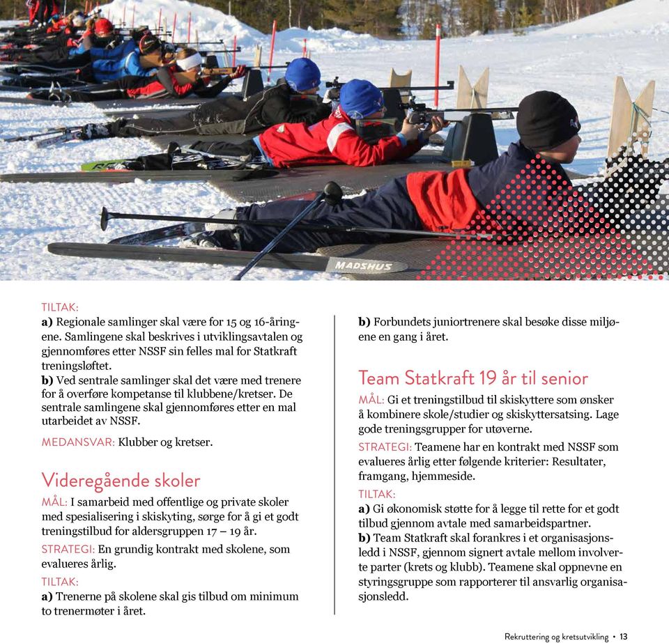 MEDANSVAR: Klubber og kretser. Videregående skoler MÅL: I samarbeid med offentlige og private skoler med spesialisering i skiskyting, sørge for å gi et godt treningstilbud for aldersgruppen 17 19 år.