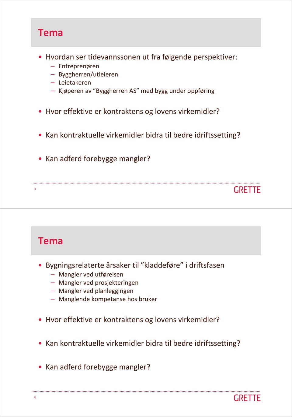 3 Tema Bygningsrelaterte årsaker til kladdeføre i driftsfasen Mangler ved utførelsen Mangler ved prosjekteringen Mangler ved planleggingen Manglende