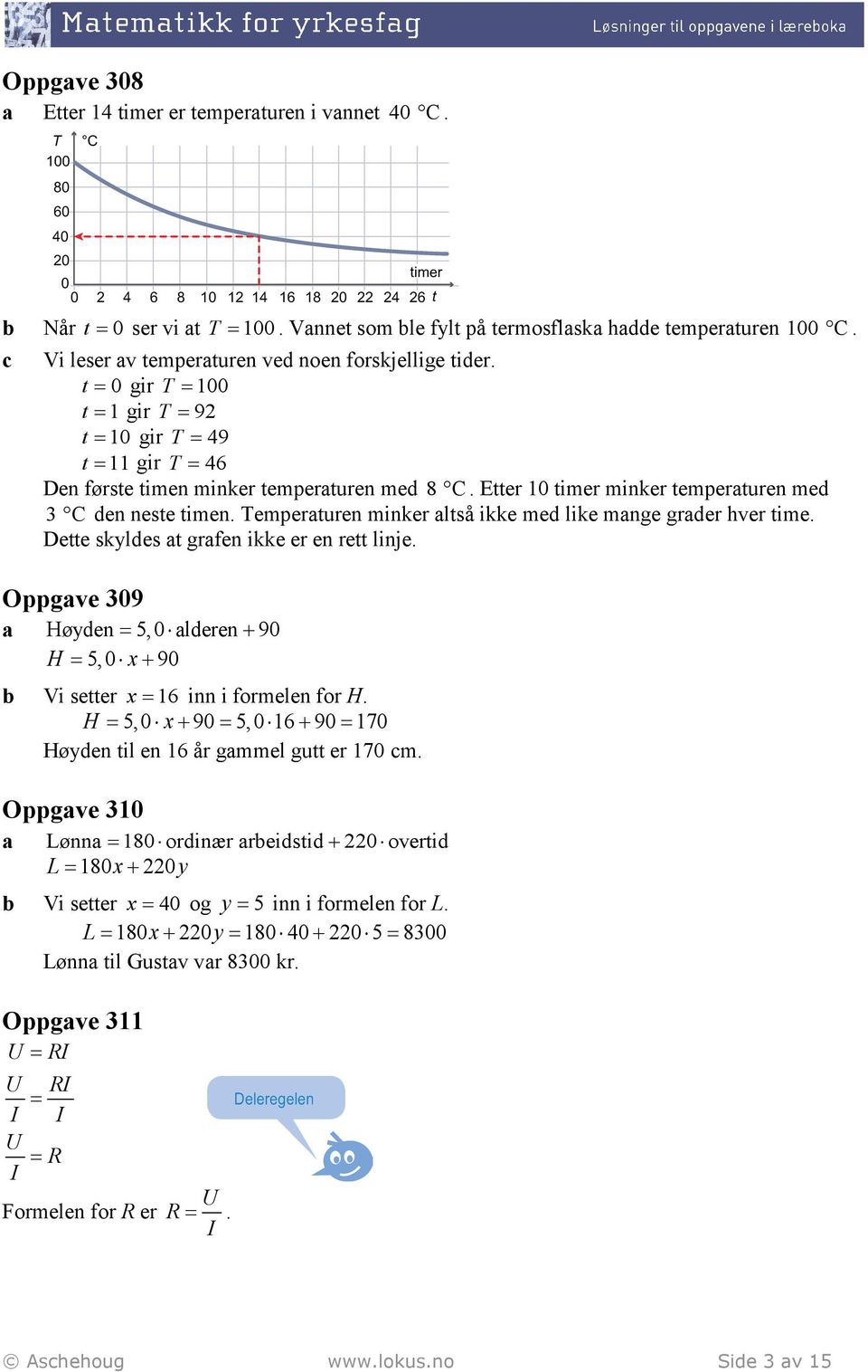 Temperauren minker alså ikke med like mange grader hver ime. Dee skyldes a grafen ikke er en re linje. Oppgave 309 a Høyden 5, 0 alderen + 90 H 5,0 + 90 Vi seer 16 inn i formelen for H.