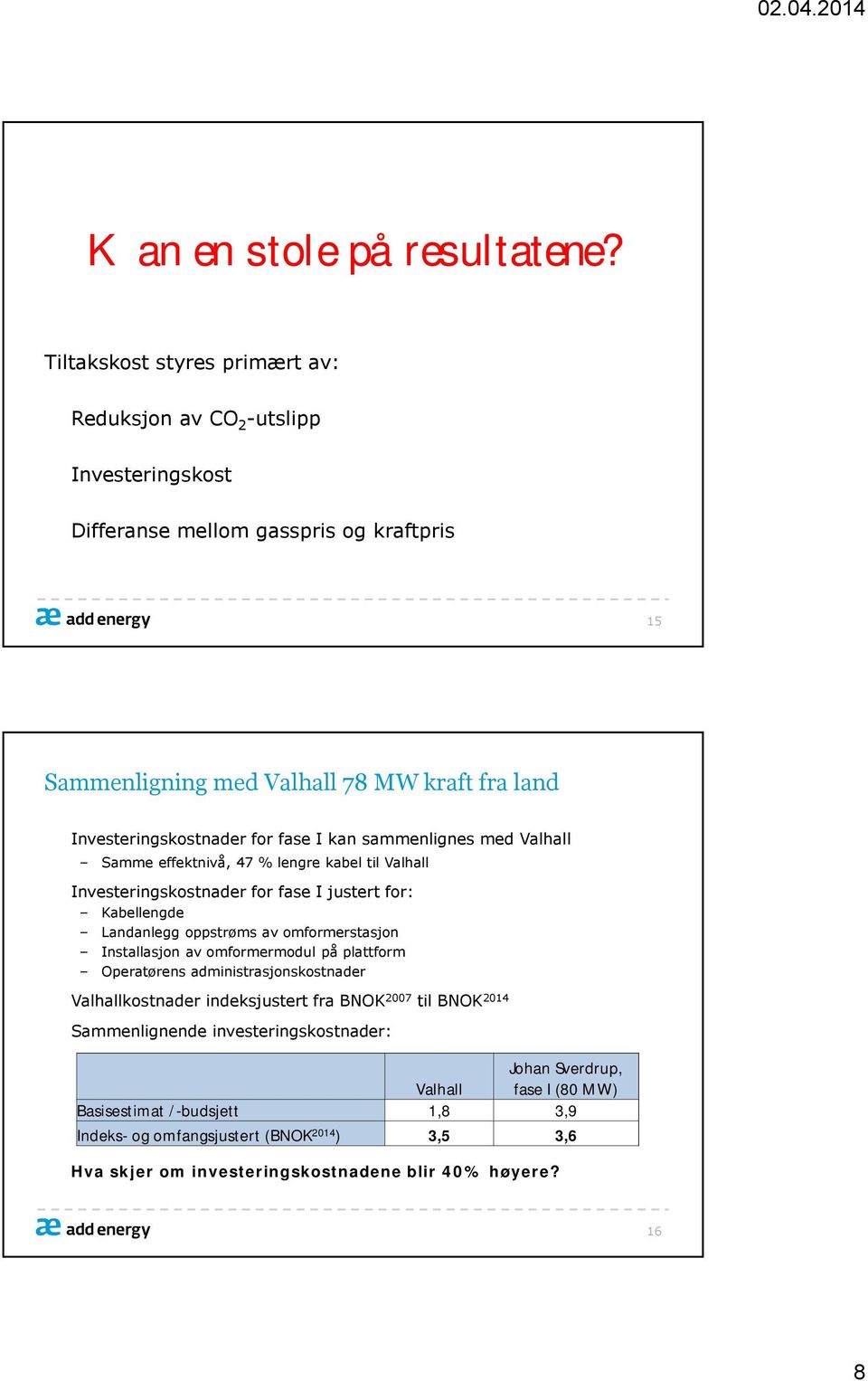 for fase I kan sammenlignes med Valhall Samme effektnivå, 47 % lengre kabel til Valhall Investeringskostnader for fase I justert for: Kabellengde Landanlegg oppstrøms av omformerstasjon