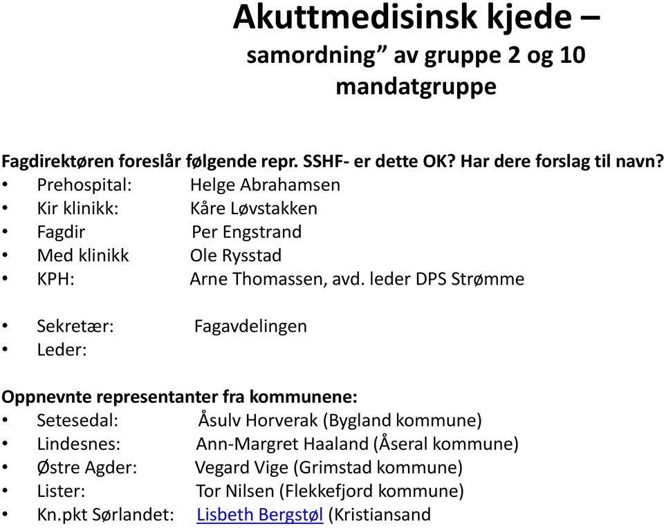 leder DPS Strømme Sekretær: Fagavdelingen Leder: Oppnevnte representanter fra kommunene: Setesedal: Åsulv Horverak (Bygland kommune) Lindesnes: