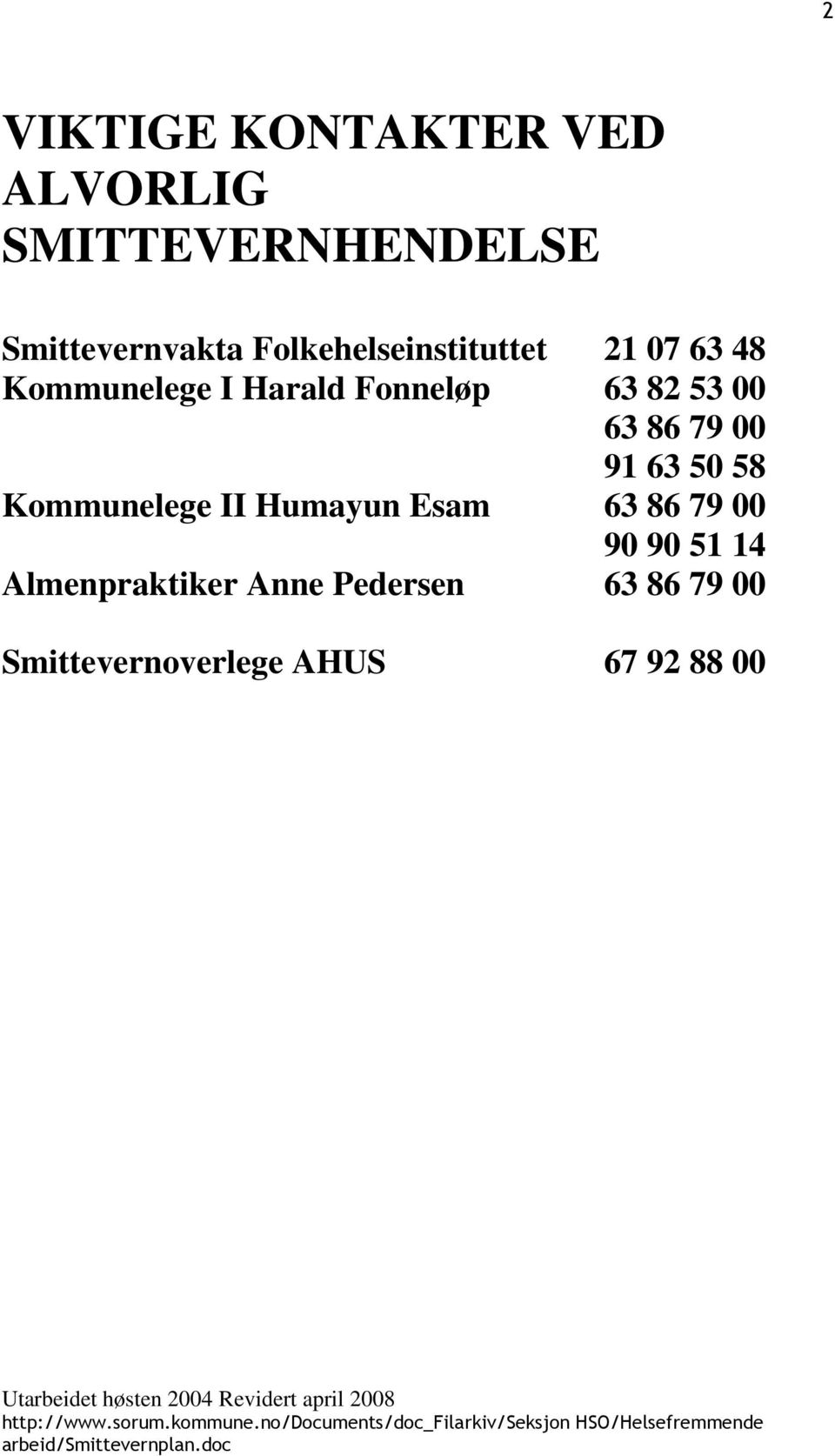 00 91 63 50 58 Kommunelege II Humayun Esam 63 86 79 00 90 90 51 14 Almenpraktiker