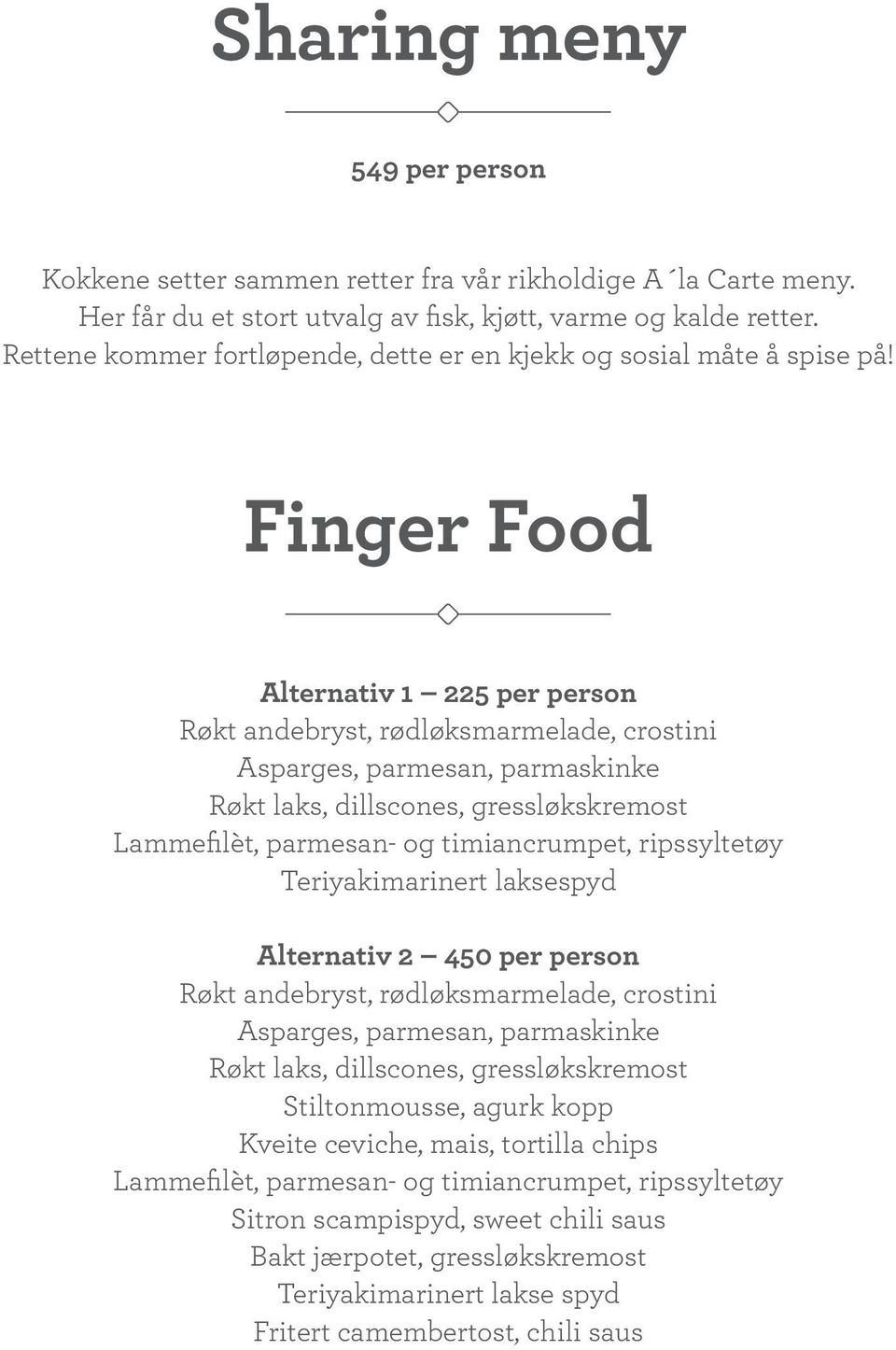 Finger Food Alternativ 1 225 per person Røkt andebryst, rødløksmarmelade, crostini Asparges, parmesan, parmaskinke Røkt laks, dillscones, gressløkskremost Lammefilèt, parmesan- og timiancrumpet,