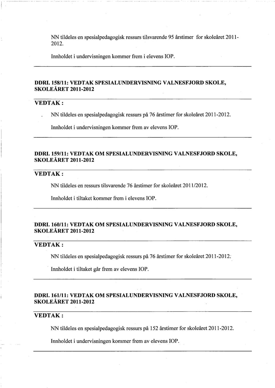 159/11: VEDTAK OM SPESIALUNDERVISNING VALNESFJORD SKOLE, NN tildeles en ressurs tilsvarende 76 årstimer for skoleåret 2011/2012. Innoldet i tiltaket kommer frem i DDRI.