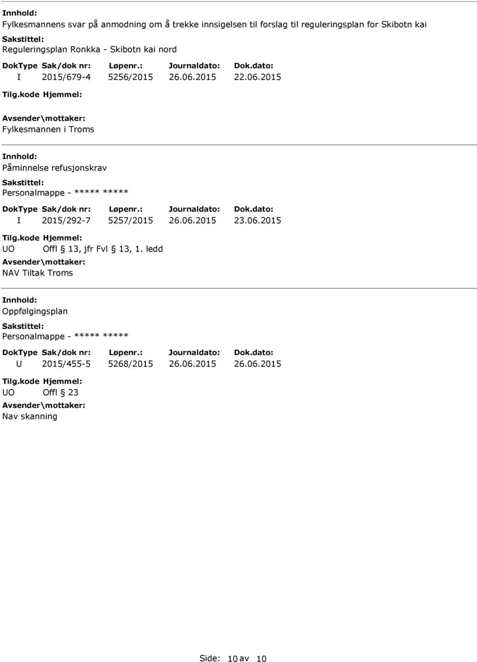 2015 Fylkesmannen i Troms Påminnelse refusjonskrav 2015/292-7 5257/2015 23.06.