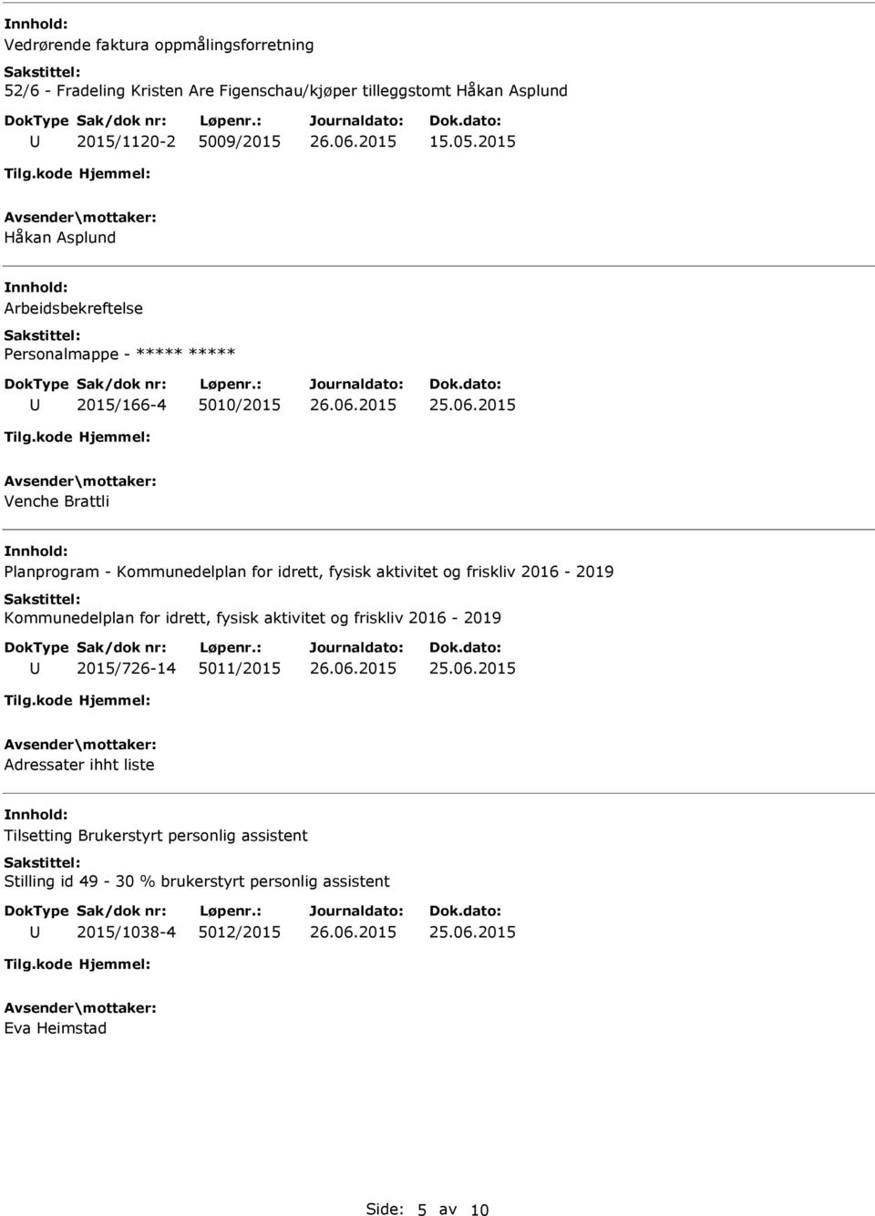 2015 Håkan Asplund Arbeidsbekreftelse 2015/166-4 5010/2015 Venche Brattli Planprogram - Kommunedelplan for idrett, fysisk aktivitet og