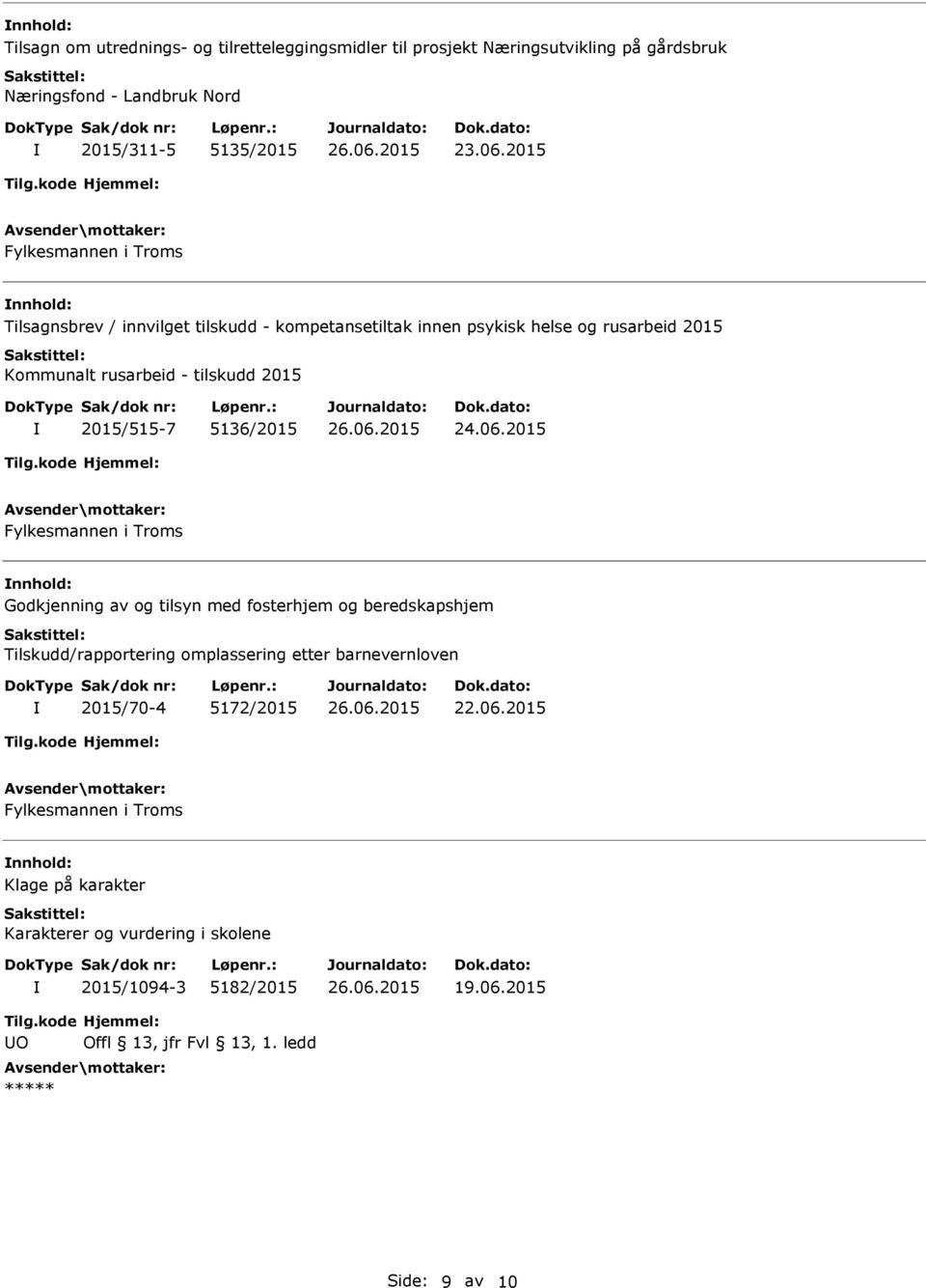 2015/515-7 5136/2015 Fylkesmannen i Troms Godkjenning av og tilsyn med fosterhjem og beredskapshjem Tilskudd/rapportering omplassering etter