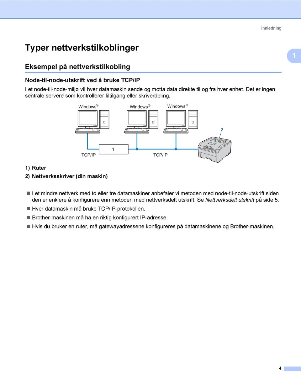 Windows R Windows R Windows R 2 TCP/IP 1 TCP/IP 1) Ruter 2) Nettverksskriver (din maskin) I et mindre nettverk med to eller tre datamaskiner anbefaler vi metoden med node-til-node-utskrift siden den