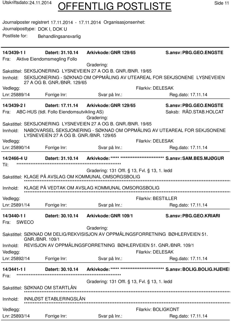 11.14 Arkivkode:GNR 129/65 S.ansv: PBG.GEO.ENGSTE Fra: ABC-HUS (tidl. Follo Eiendomsutvikling AS) Saksb: RÅD.STAB.HOLCAT Sakstittel: SEKSJONERING LYSNEVEIEN 27 A OG B. GNR./BNR.