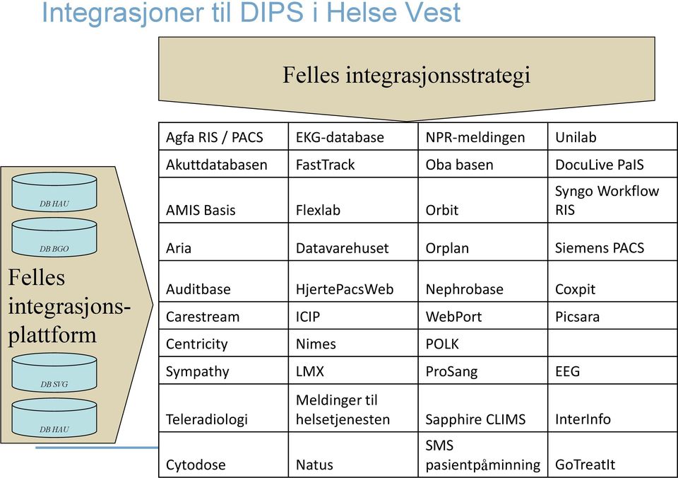 SVG DB HAU Aria Datavarehuset Orplan Siemens PACS Auditbase HjertePacsWeb Nephrobase Coxpit Carestream ICIP WebPort Picsara Centricity