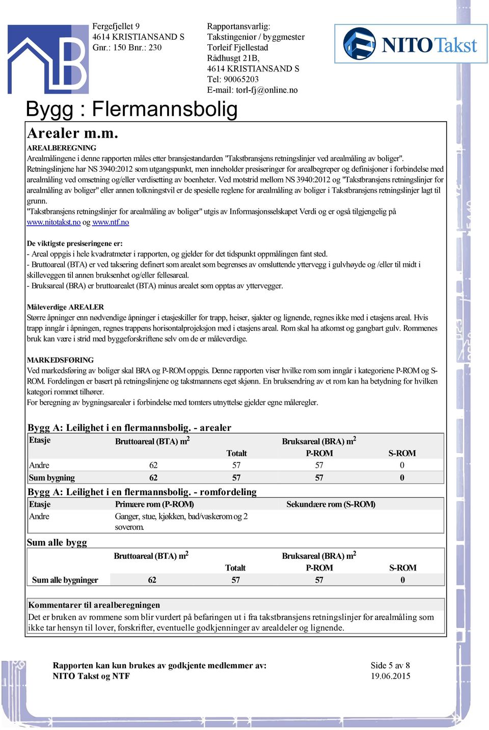 3940:2012 og "Takstbransjens retningslinjer for arealmåling av boliger" eller annen tolkningstvil er de spesielle reglene for arealmåling av boliger i Takstbransjens retningslinjer lagt til grunn