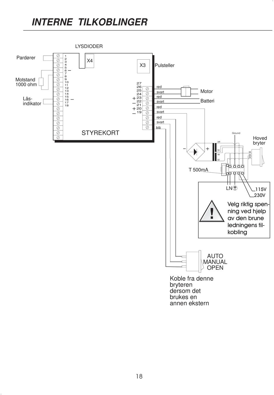 Motor Batteri ye Ground Hoved bryter br re bl bl br br T 500mA LN 115V 230V Velg riktig spenning ved hjelp