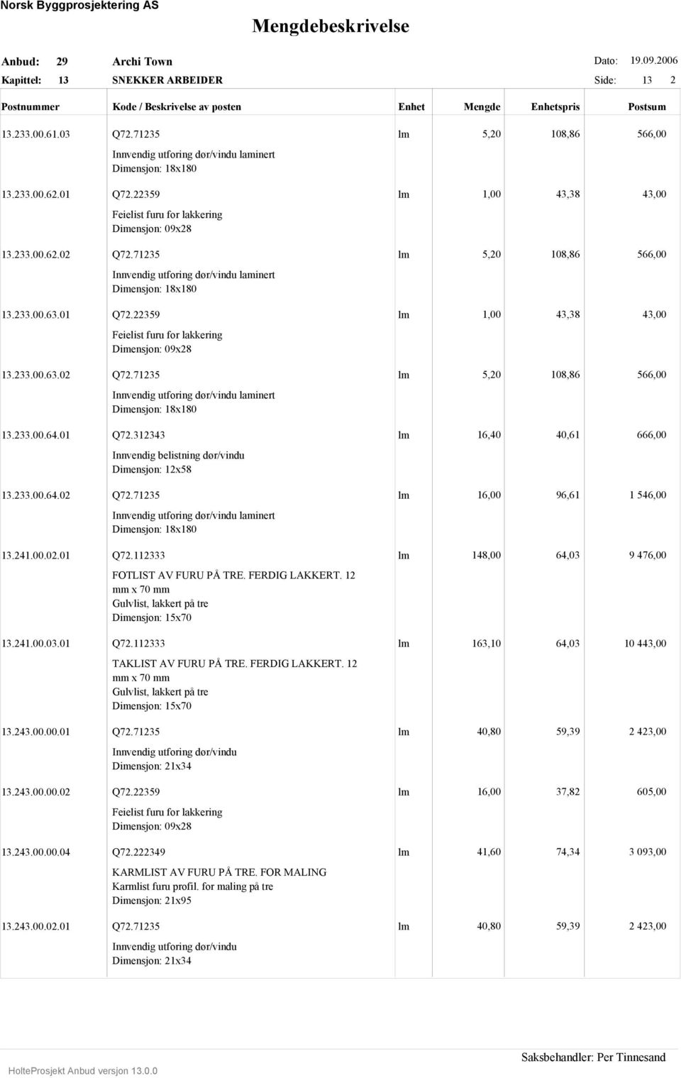 22359 lm 1,00 43,38 43,00 Feielist furu for lakkering Dimensjon: 09x28 13.233.00.63.02 Q72.71235 lm 5,20 108,86 566,00 Innvendig utforing dør/vindu laminert Dimensjon: 18x180 13.233.00.64.01 Q72.