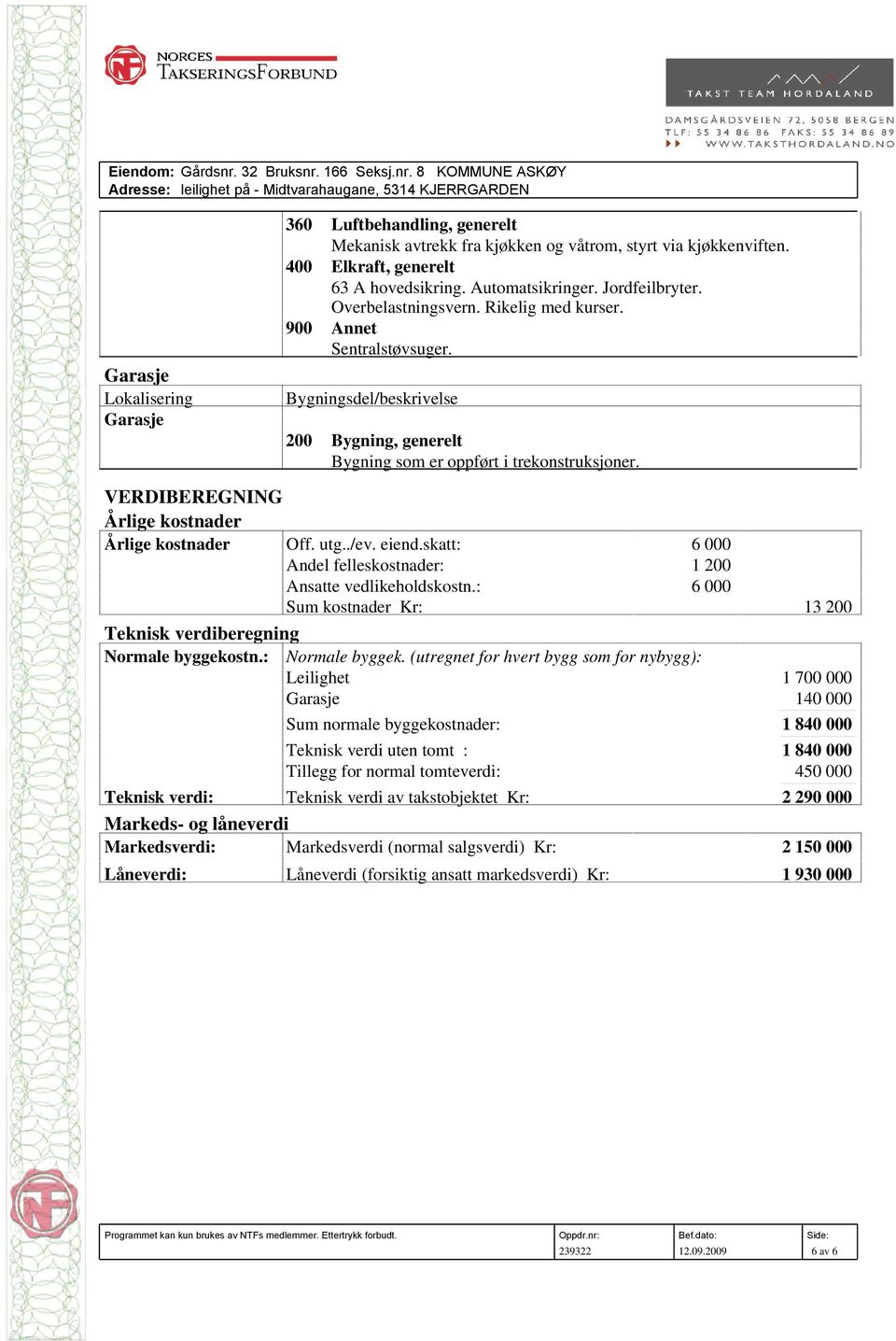 VERDIBEREGNING Årlige kostnader Årlige kostnader Off. utg../ev. eiend.skatt: 6 000 Andel felleskostnader: 1 200 Ansatte vedlikeholdskostn.