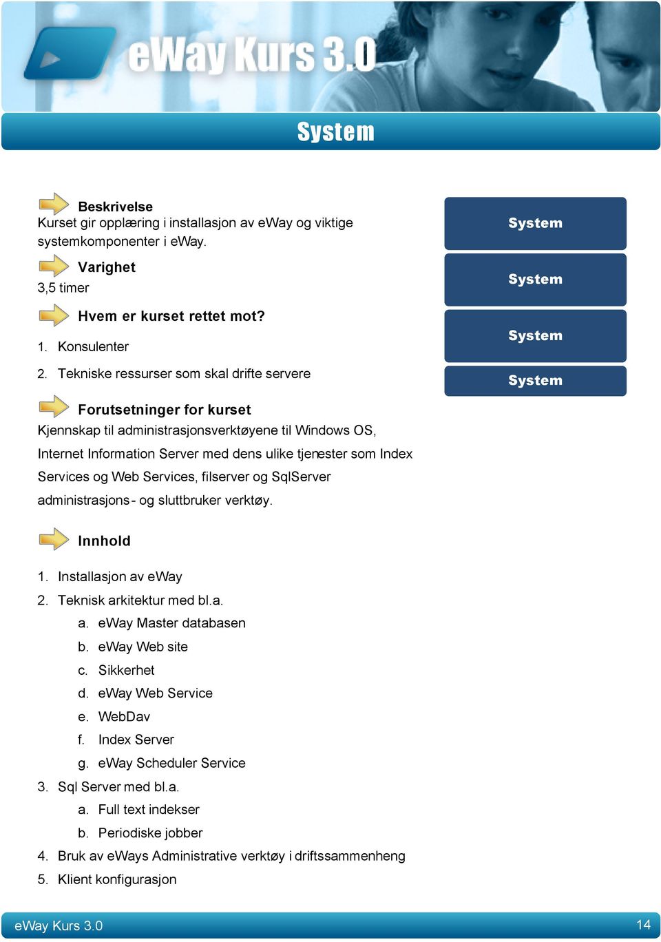 som Index Services og Web Services, filserver og SqlServer administrasjons- og sluttbruker verktøy. 1. Installasjon av eway 2. Teknisk arkitektur med bl.a. a. eway Master databasen b.