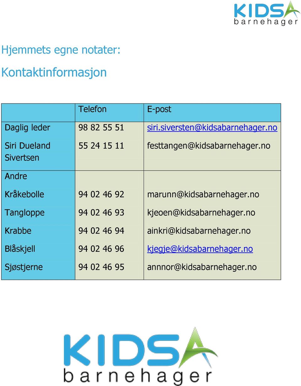 96 94 02 46 95 E-post siri.siversten@kidsabarnehager.no festtangen@kidsabarnehager.