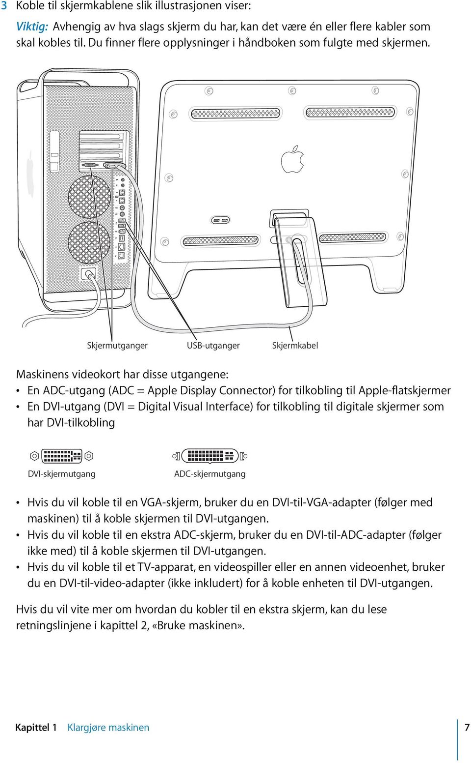Skjermutganger USB-utganger Skjermkabel Maskinens videokort har disse utgangene: En ADC-utgang (ADC = Apple Display Connector) for tilkobling til Apple-flatskjermer En DVI-utgang (DVI = Digital
