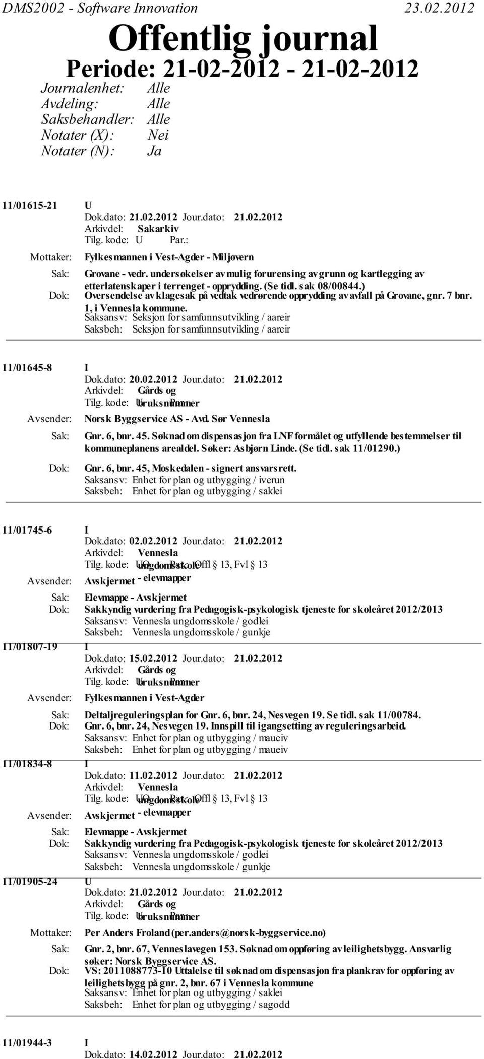 2012 Offentlig journal Periode: 21-02-2012-21-02-2012 Journalenhet: Avdeling: Saksbehandler: Notater (X): Notater (N): Alle Alle Alle Nei Ja 11/01615-21 Fylkesmannen i Vest-Agder - Miljøvern Grovane