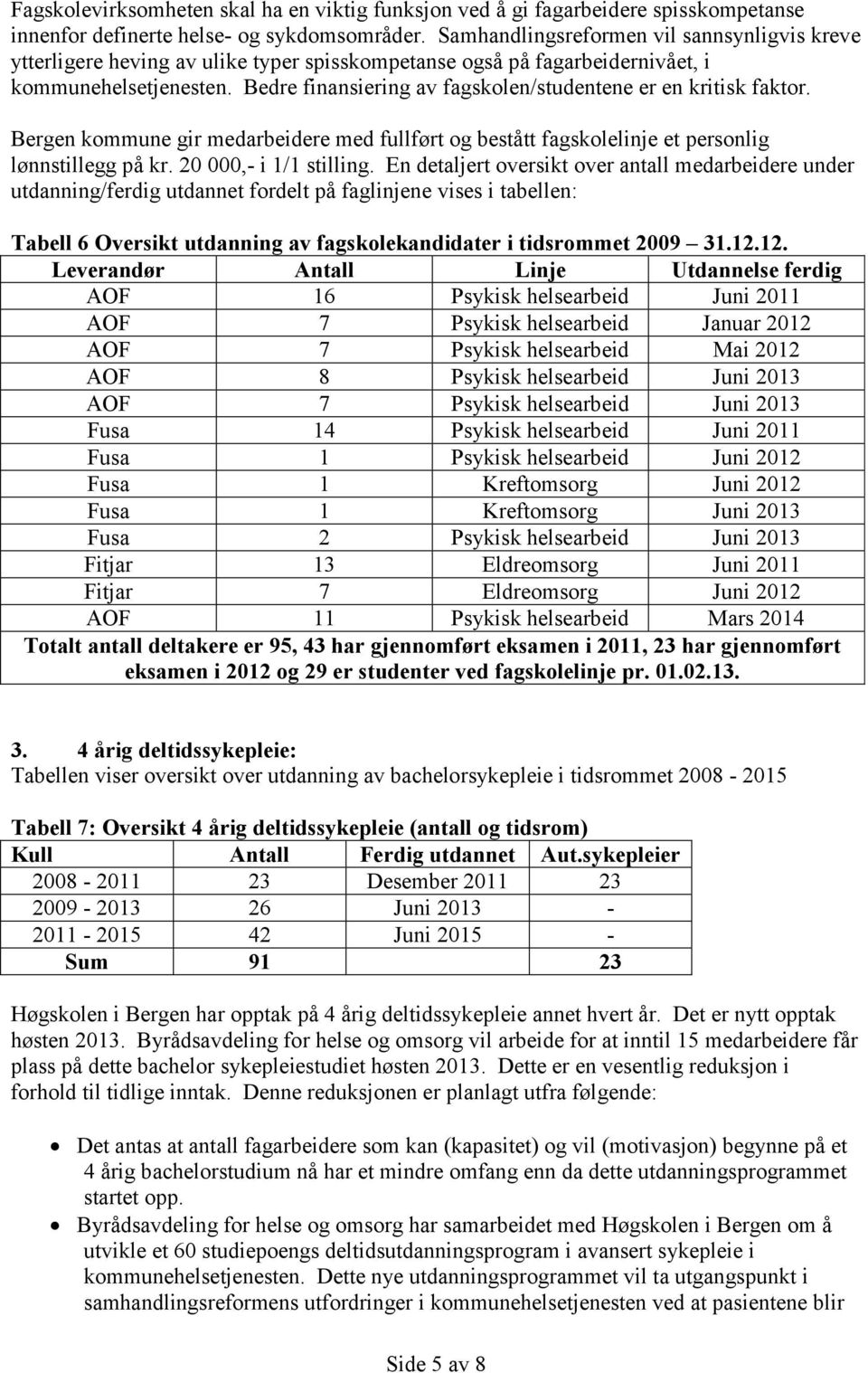 Bedre finansiering av fagskolen/studentene er en kritisk faktor. Bergen kommune gir medarbeidere med fullført og bestått fagskolelinje et personlig lønnstillegg på kr. 20 000,- i 1/1 stilling.