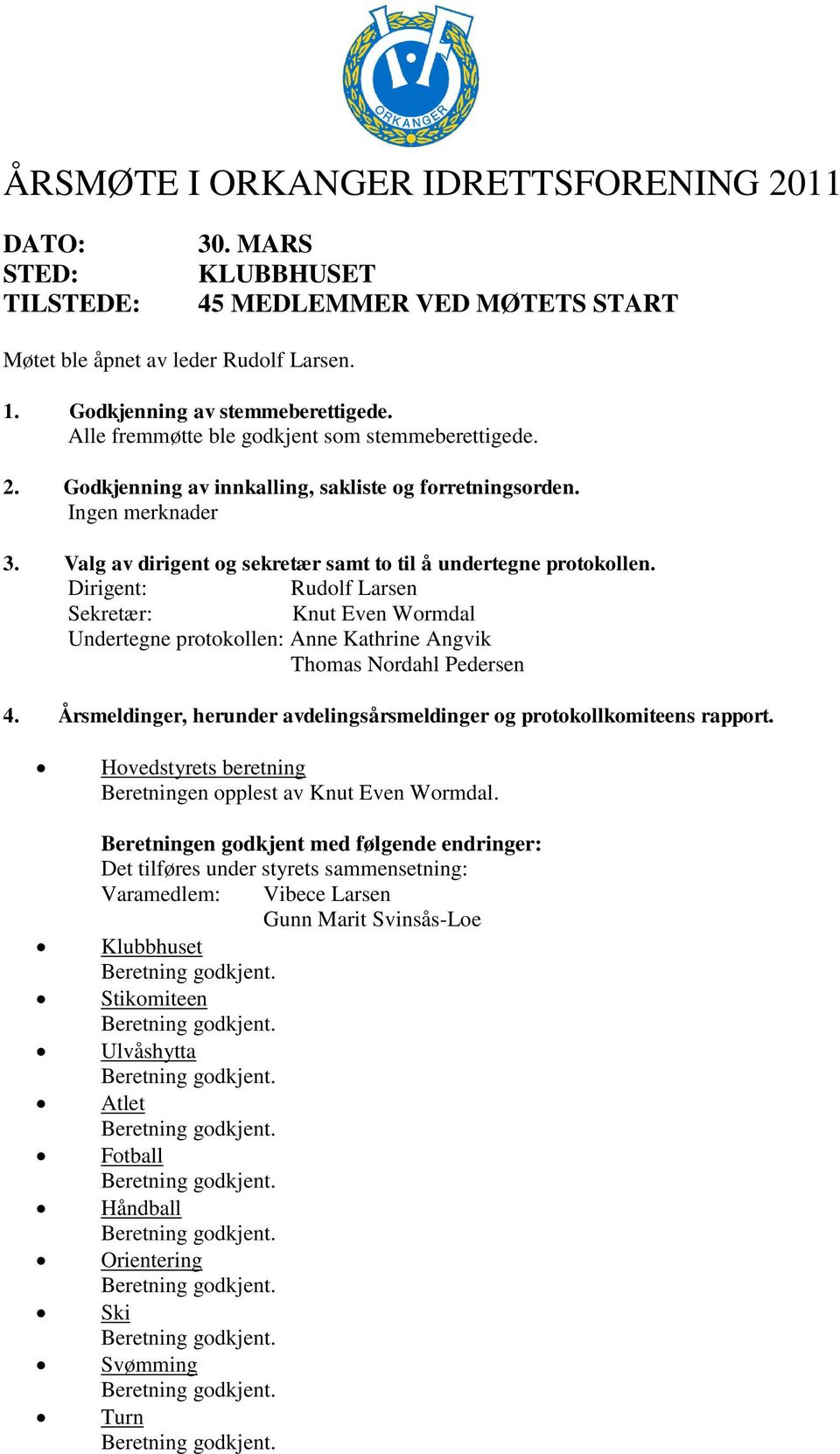 Dirigent: Rudolf Larsen Sekretær: Knut Even Wormdal Undertegne protokollen: Anne Kathrine Angvik Thomas Nordahl Pedersen 4. Årsmeldinger, herunder avdelingsårsmeldinger og protokollkomiteens rapport.