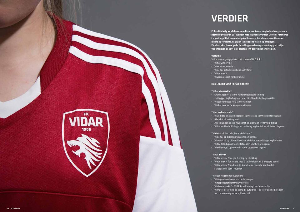 til grunn lå klubbens visjon og ambisjon; FK Vidar skal levere gode fotballopplevelser og et sunt og godt miljø. Vår ambisjon er at vi skal prestere litt bedre hver eneste dag.