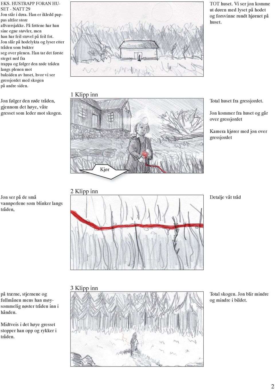 Han tar det første steget ned fra trappa og følger den røde tråden langs plenen mot baksiden av huset, hvor vi ser gressjordet med skogen på andre siden.