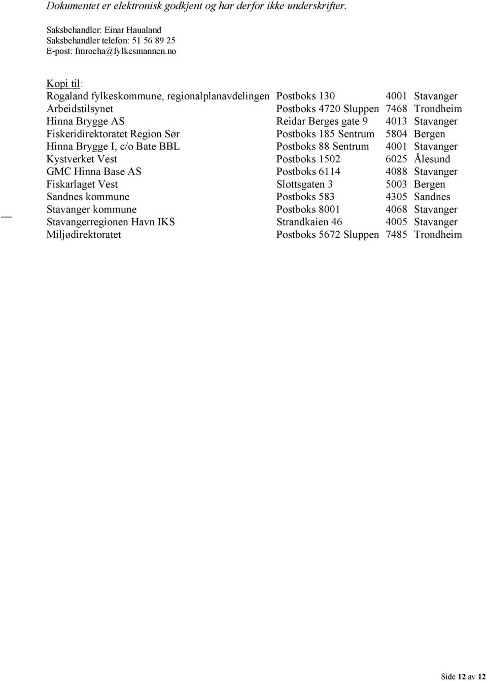 Fiskeridirektoratet Region Sør Postboks 185 Sentrum 5804 Bergen Hinna Brygge I, c/o Bate BBL Postboks 88 Sentrum 4001 Stavanger Kystverket Vest Postboks 1502 6025 Ålesund GMC Hinna Base AS Postboks
