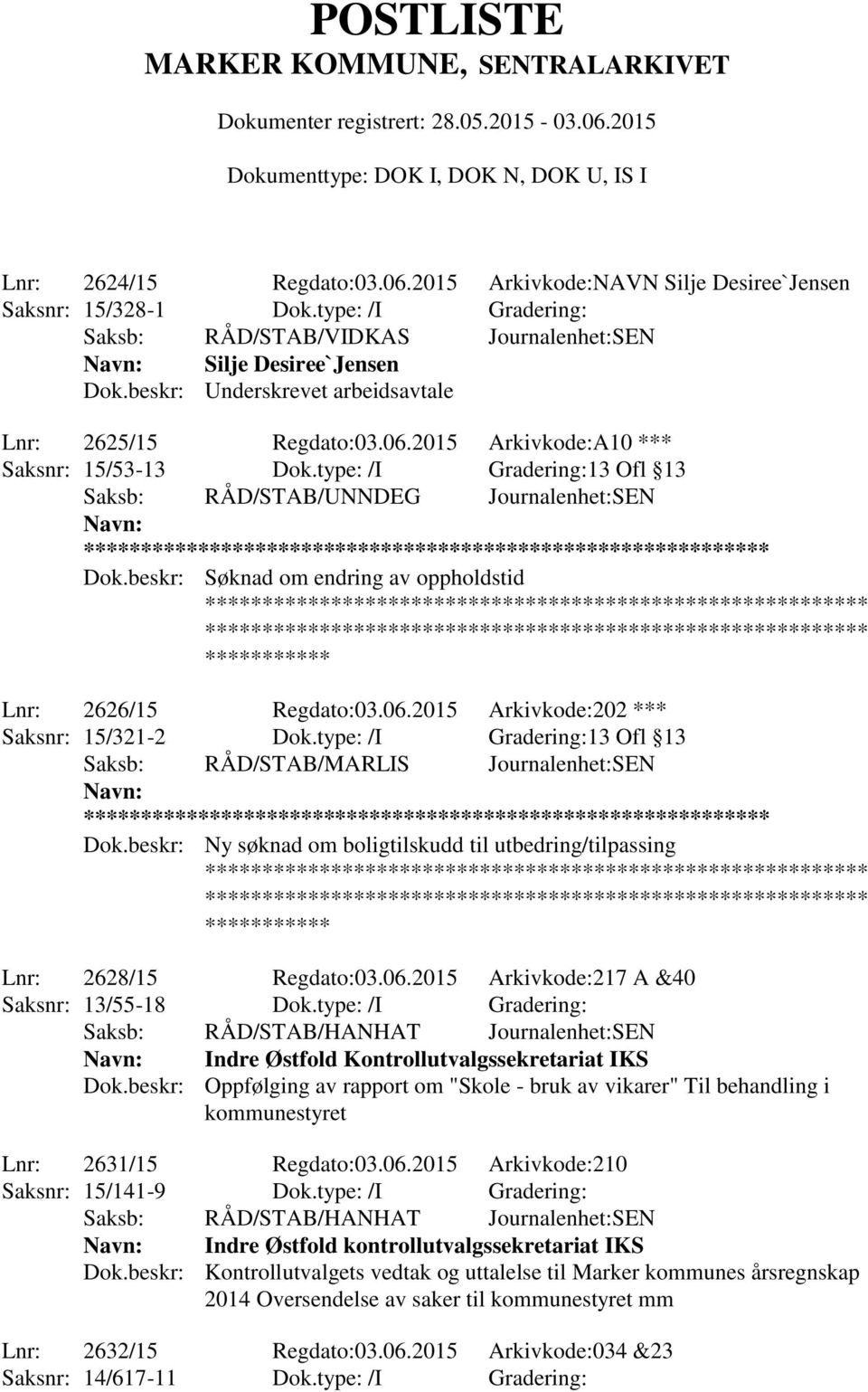 beskr: Søknad om endring av oppholdstid Lnr: 2626/15 Regdato:03.06.2015 Arkivkode:202 *** Saksnr: 15/321-2 Dok.type: /I Gradering:13 Ofl 13 Saksb: RÅD/STAB/MARLIS Journalenhet:SEN ** Dok.