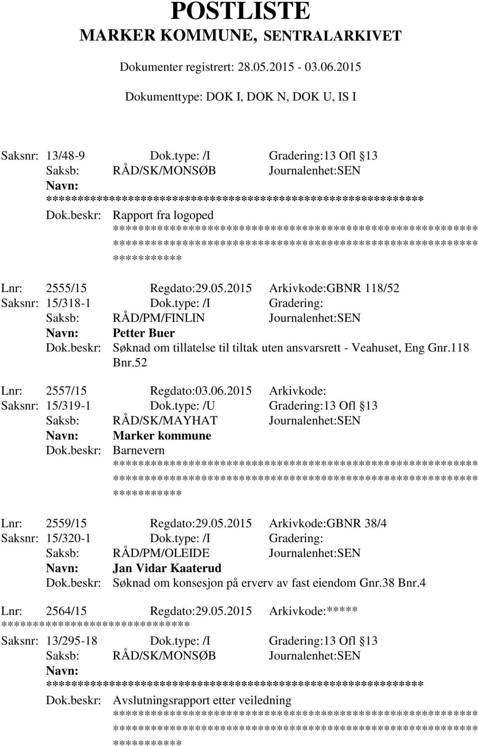 2015 Arkivkode: Saksnr: 15/319-1 Dok.type: /U Gradering:13 Ofl 13 Saksb: RÅD/SK/MAYHAT Journalenhet:SEN Marker kommune Dok.beskr: Barnevern Lnr: 2559/15 Regdato:29.05.