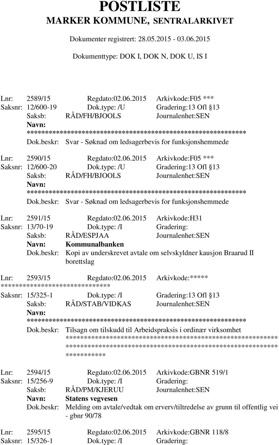 type: /U Gradering:13 Ofl 13 Saksb: RÅD/FH/BJOOLS Journalenhet:SEN ** Dok.beskr: Svar - Søknad om ledsagerbevis for funksjonshemmede Lnr: 2591/15 Regdato:02.06.2015 Arkivkode:H31 Saksnr: 13/70-19 Dok.