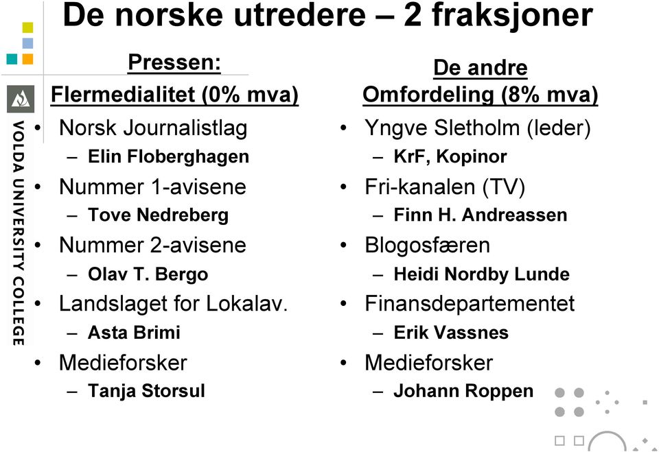 Asta Brimi Medieforsker Tanja Storsul De andre Omfordeling (8% mva) Yngve Sletholm (leder) KrF, Kopinor