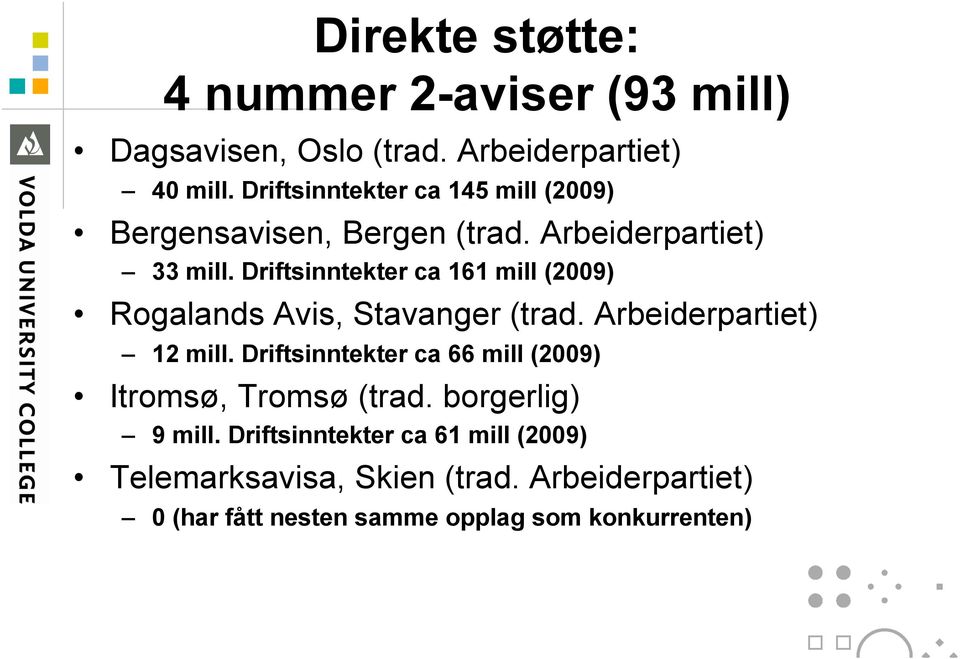 Driftsinntekter ca 161 mill (2009) Rogalands Avis, Stavanger (trad. Arbeiderpartiet) 12 mill.