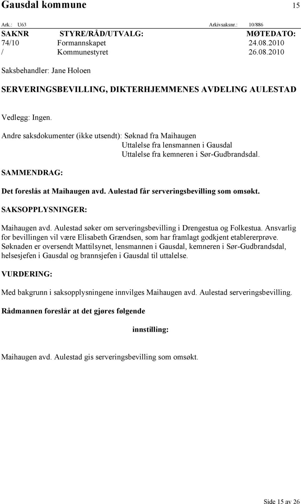 Andre saksdokumenter (ikke utsendt): Søknad fra Maihaugen Uttalelse fra lensmannen i Gausdal Uttalelse fra kemneren i Sør-Gudbrandsdal. SAMMENDRAG: Det foreslås at Maihaugen avd.