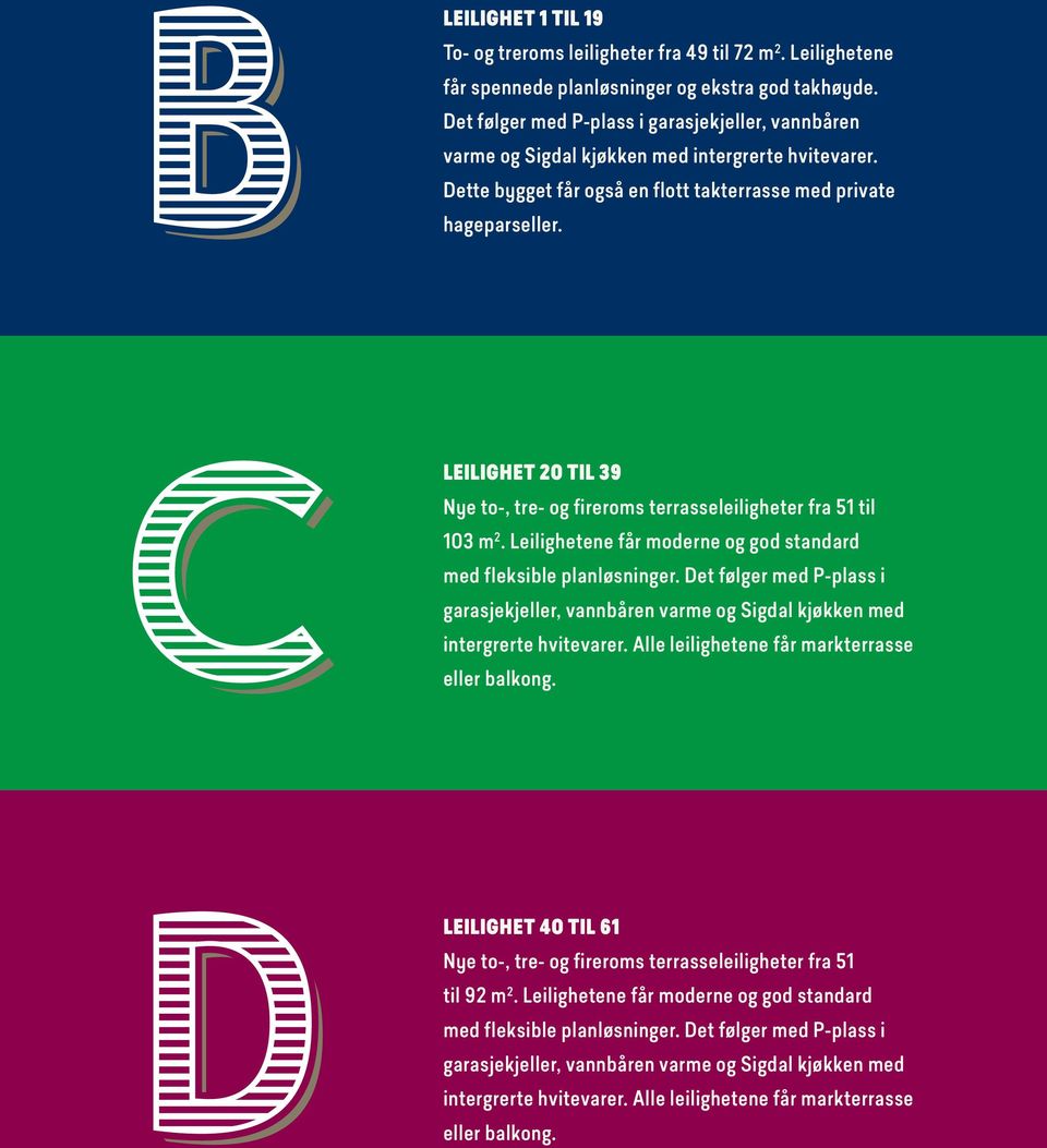 LEILIGHET 20 TIL 39 ye to-, tre- og fireroms terrasseleiligheter fra 51 til 103 m 2. Leilighetene får moderne og god standard med fleksible planløsninger.