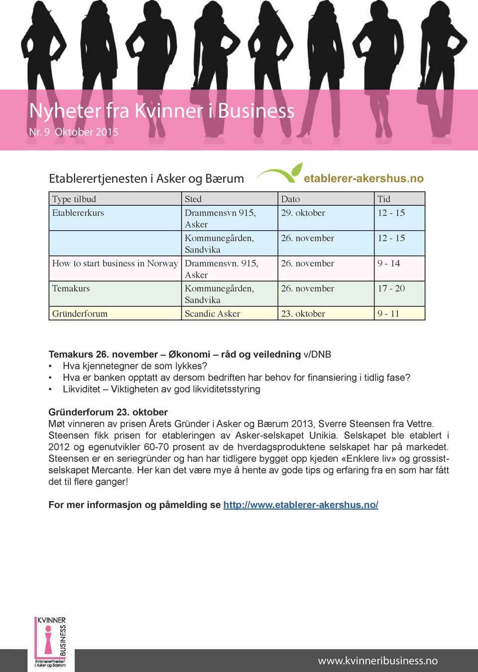 oktober 9-11 Temakurs 26. november Økonomi råd og veiledning v/dnb Hva kjennetegner de som lykkes? Hva er banken opptatt av dersom bedriften har behov for finansiering i tidlig fase?