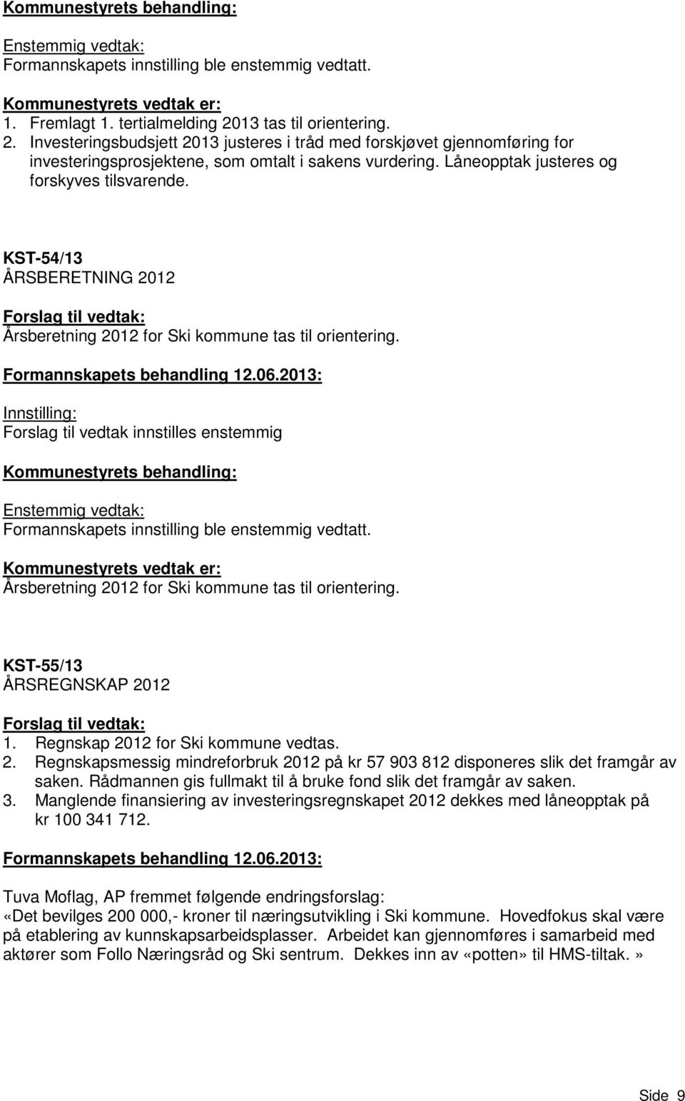 Låneopptak justeres og forskyves tilsvarende. KST-54/13 ÅRSBERETNING 2012 Forslag til vedtak: Årsberetning 2012 for Ski kommune tas til orientering. Formannskapets behandling 12.06.