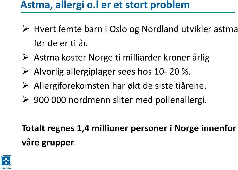 år. Astma koster Norge ti milliarder kroner årlig Alvorlig allergiplager sees hos 10-20