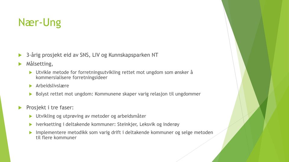 relasjon til ungdommer Prosjekt i tre faser: Utvikling og utprøving av metoder og arbeidsmåter Iverksetting i deltakende