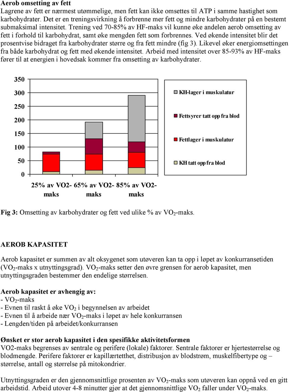 Trening ved 70-85% av HF-maks vil kunne øke andelen aerob omsetting av fett i forhold til karbohydrat, samt øke mengden fett som forbrennes.