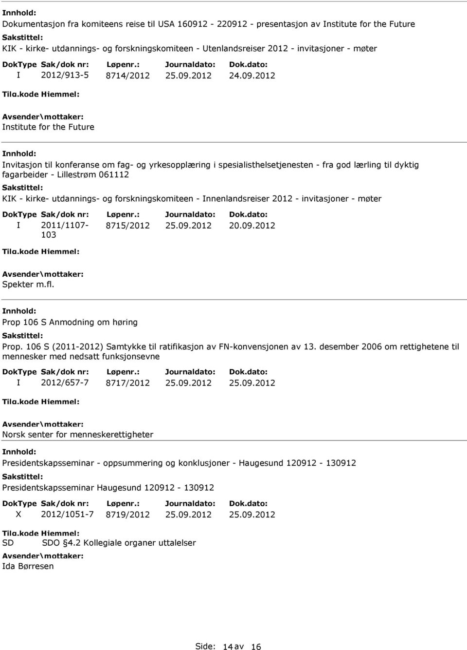 forskningskomiteen - nnenlandsreiser 2012 - invitasjoner - møter 2011/1107-103 8715/2012 Spekter m.fl. Prop 106 S Anmodning om høring Prop.