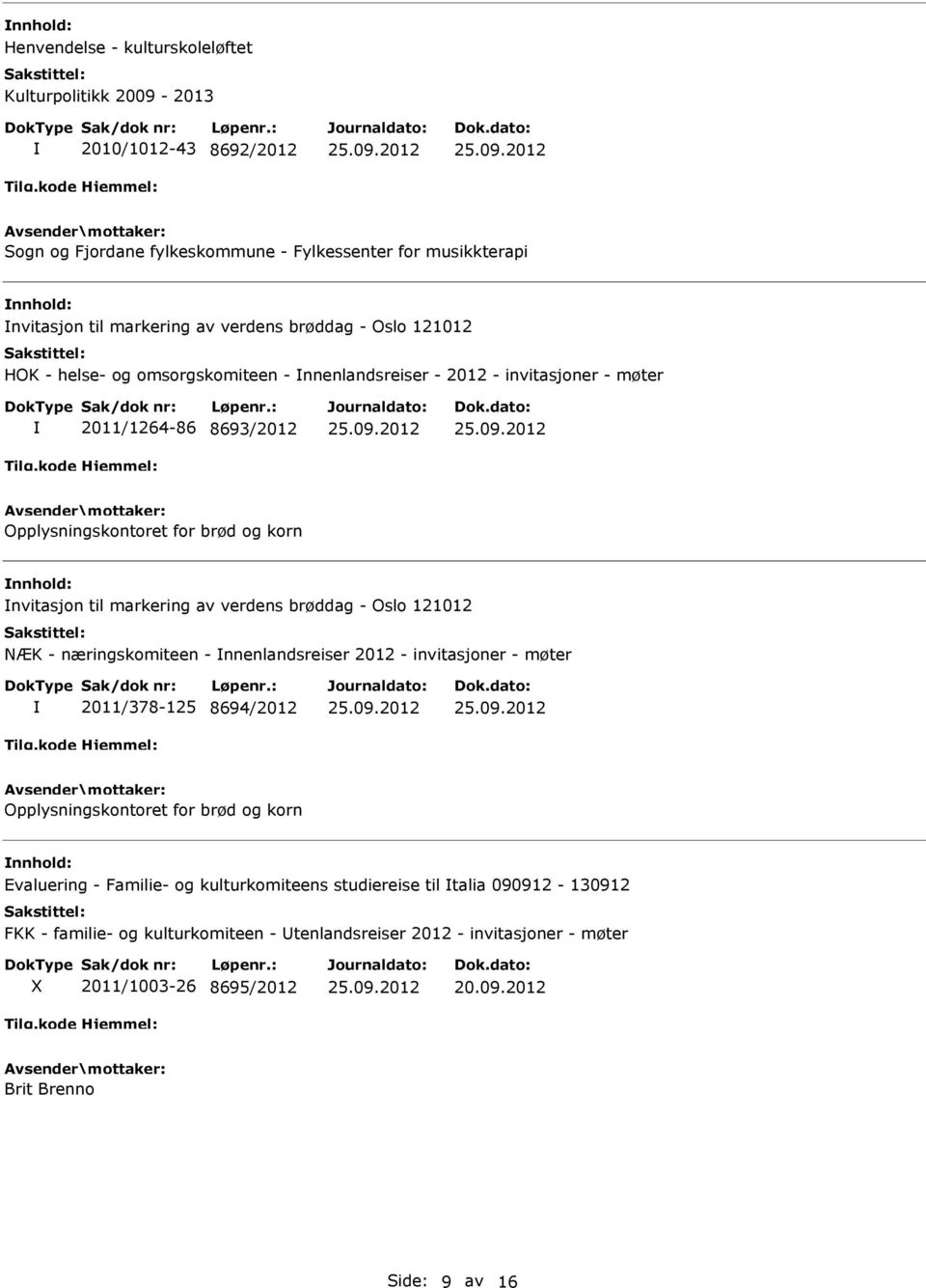 markering av verdens brøddag - Oslo 121012 NÆK - næringskomiteen - nnenlandsreiser 2012 - invitasjoner - møter 2011/378-125 8694/2012 Opplysningskontoret for brød og korn Evaluering