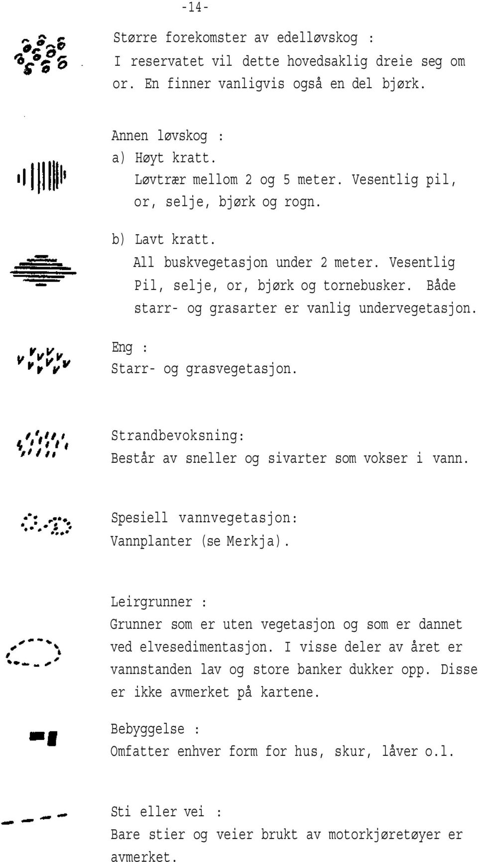 Eng : Starr og grasvegetasjon. Strandbevoksning: Består av sneller og sivarter som vokser i vann. Spesiell vannvegetasjon: Vannplanter (se Merkja).