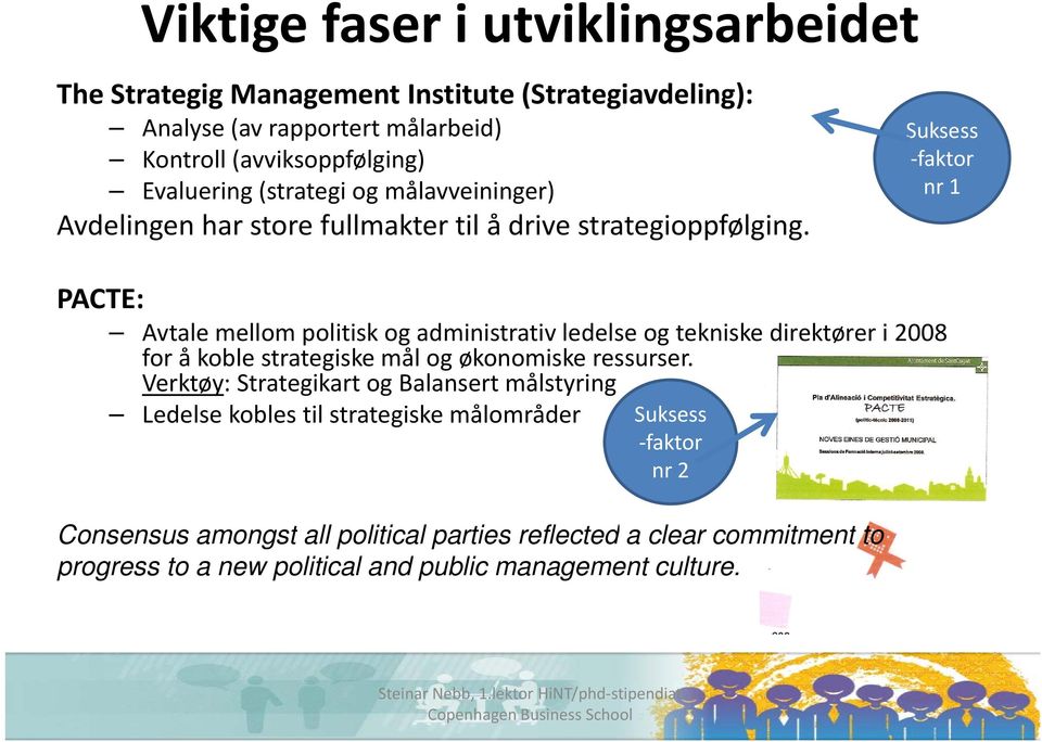 Suksess faktor fk nr 1 PACTE: Avtale mellom politisk og administrativ ledelse og tekniske direktører i 2008 for å koble strategiske mål og økonomiske ressurser.