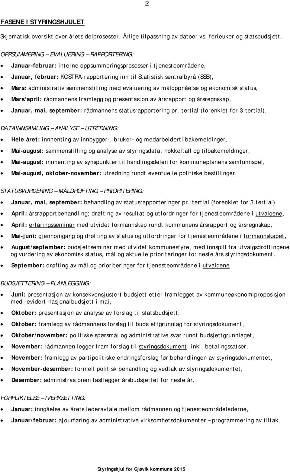 sammenstilling med evaluering av måloppnåelse og økonomisk status, Mars/april: rådmannens framlegg og presentasjon av årsrapport og årsregnskap, Januar, mai, september: rådmannens statusrapportering