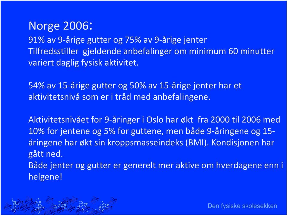 Aktivitetsnivået for 9-åringer i Oslo har økt fra 2000 til 2006 med 10% for jentene og 5% for guttene, men både 9-åringene og 15- åringene