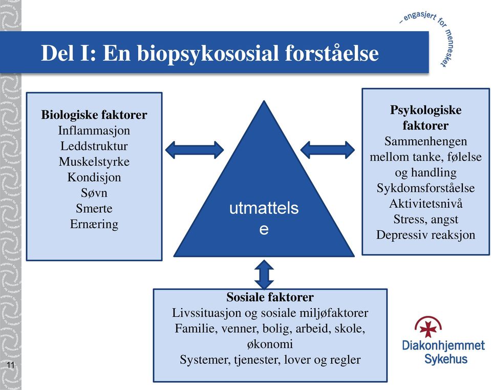 handling Sykdomsforståelse Aktivitetsnivå Stress, angst Depressiv reaksjon 11 Sosiale faktorer