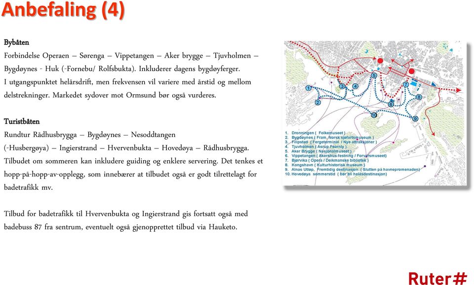 Turistbåten Rundtur Rådhusbrygga Bygdøynes Nesoddtangen (-Husbergøya) Ingierstrand Hvervenbukta Hovedøya Rådhusbrygga. Tilbudet om sommeren kan inkludere guiding og enklere servering.